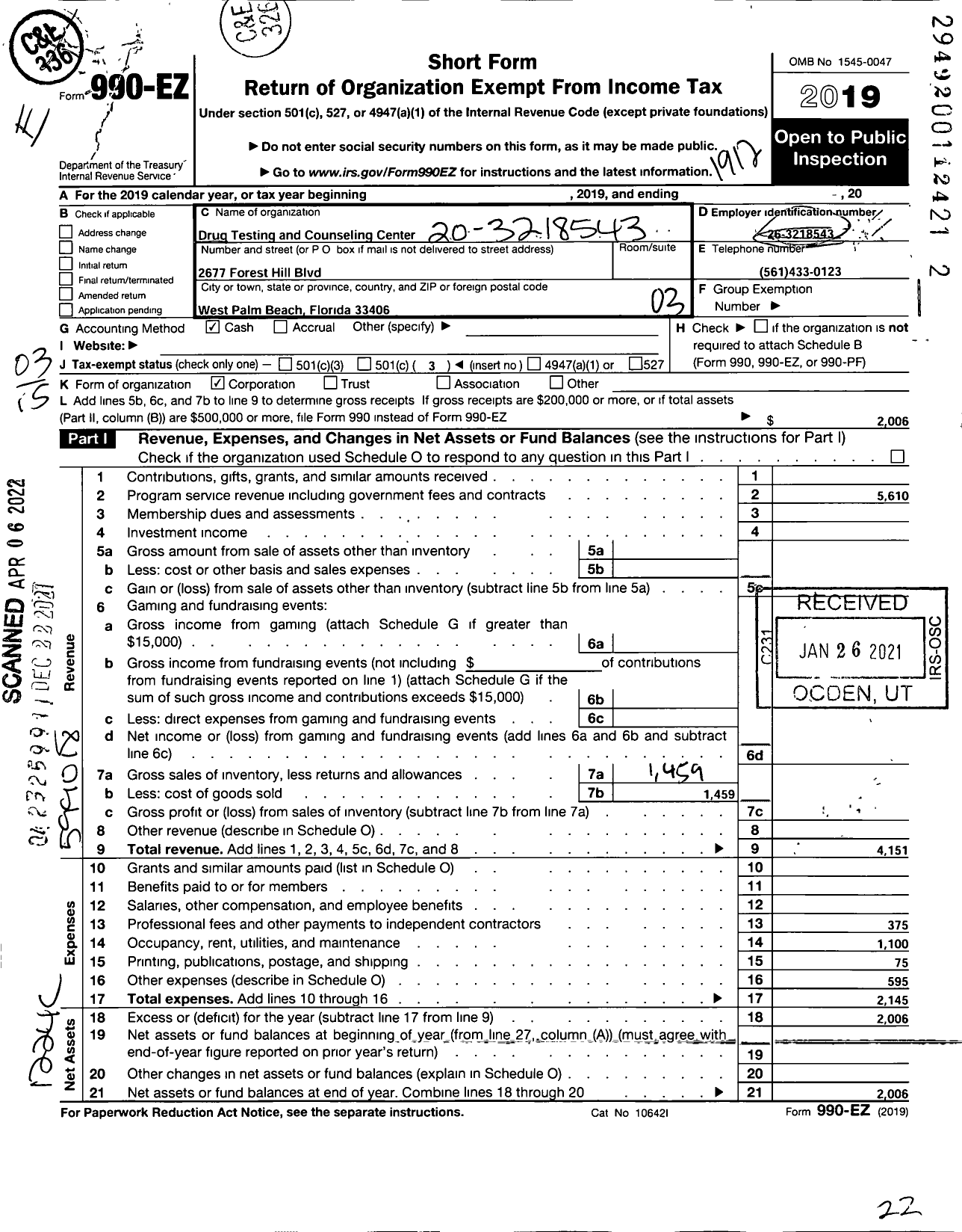 Image of first page of 2019 Form 990EZ for Drug Testing Counseling Services