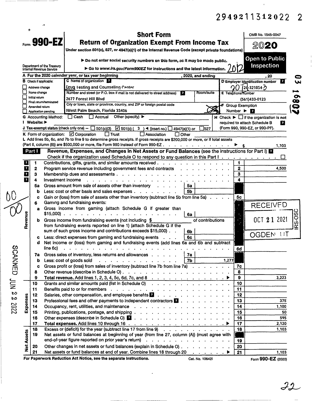 Image of first page of 2020 Form 990EO for Drug Testing Counseling Services