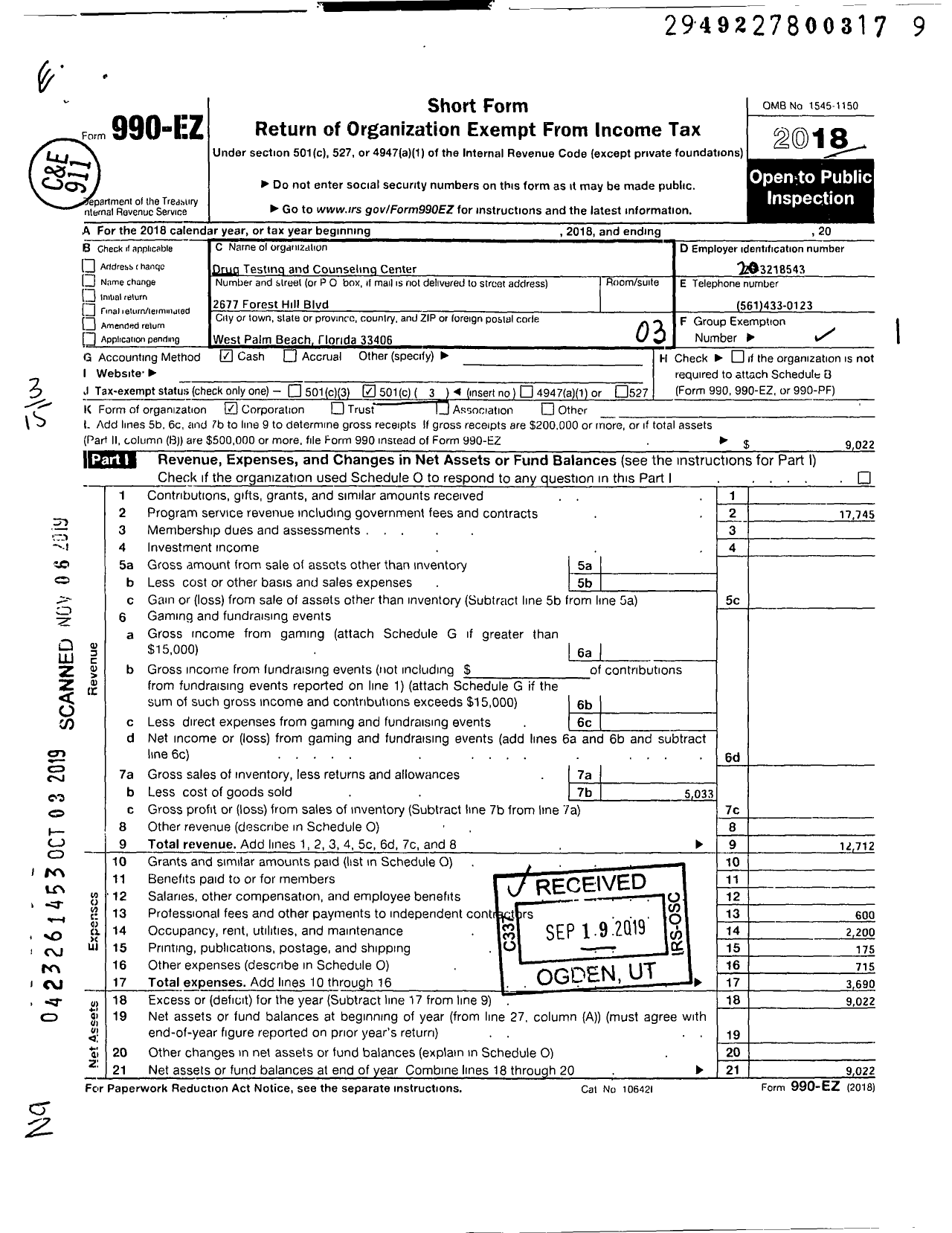 Image of first page of 2018 Form 990EZ for Drug Testing Counseling Services