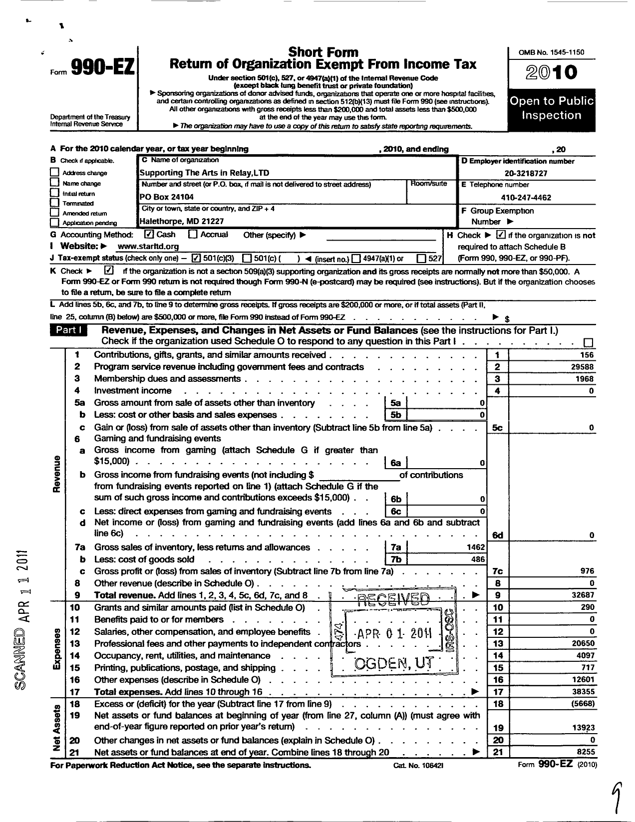 Image of first page of 2010 Form 990EZ for Supporting the Arts in Relay