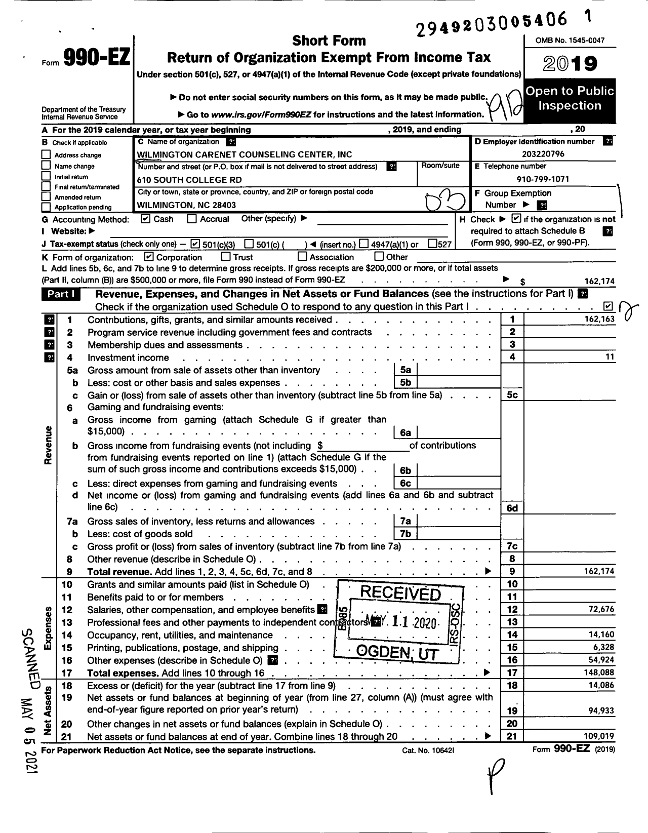 Image of first page of 2019 Form 990EZ for Wilmington Carenet Counseling Center