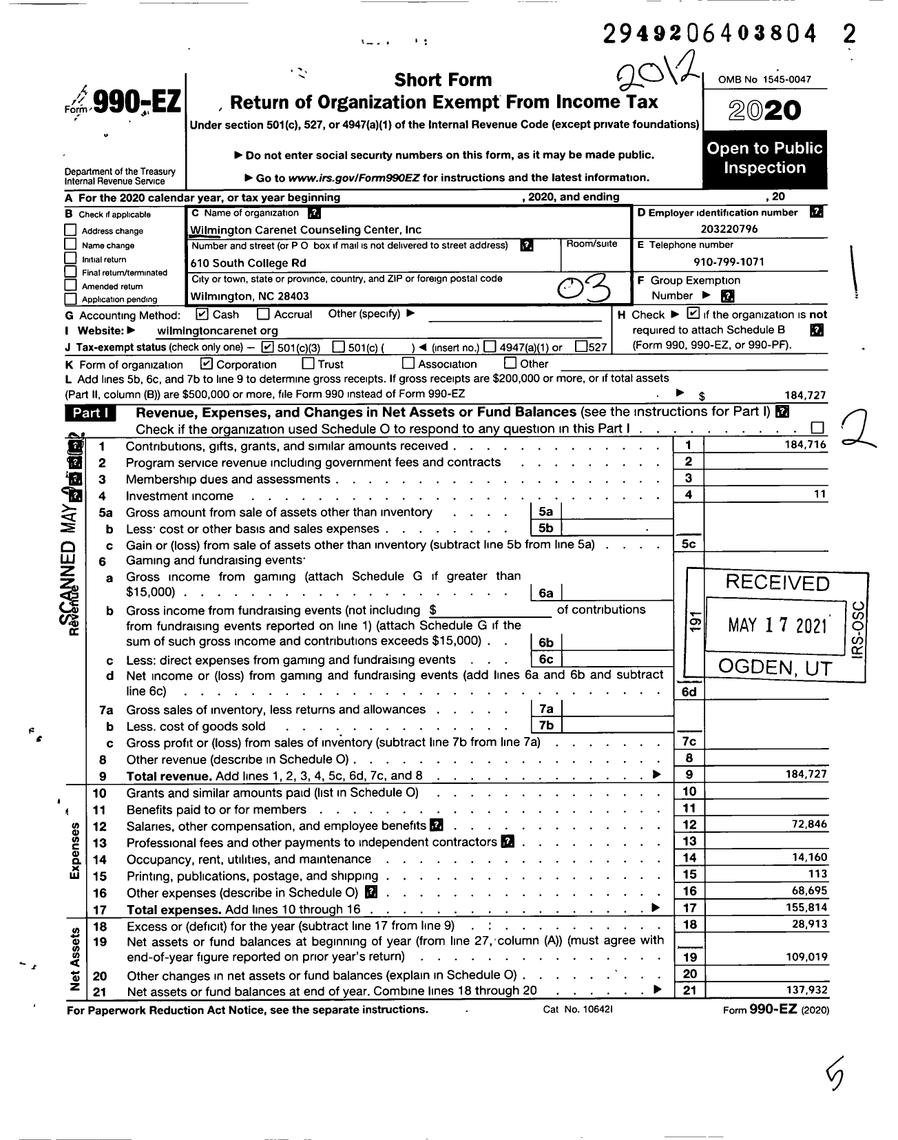 Image of first page of 2020 Form 990EZ for Wilmington Carenet Counseling Center