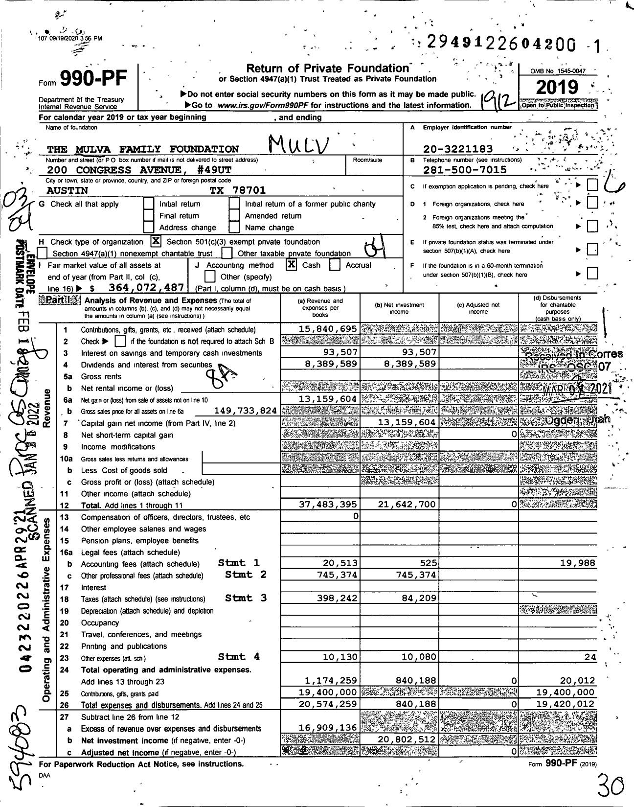 Image of first page of 2019 Form 990PF for Mulva Family Foundation