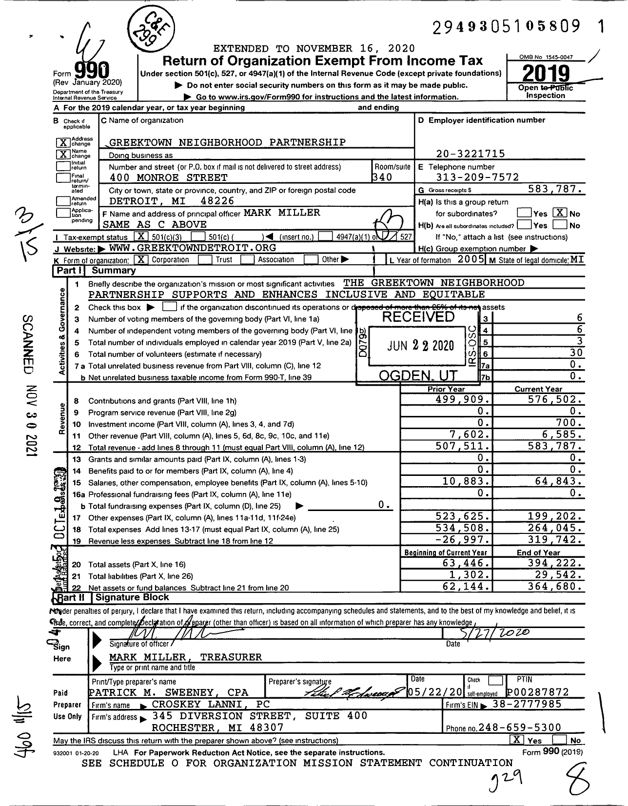 Image of first page of 2019 Form 990 for Greektown Neighborhood Partnership