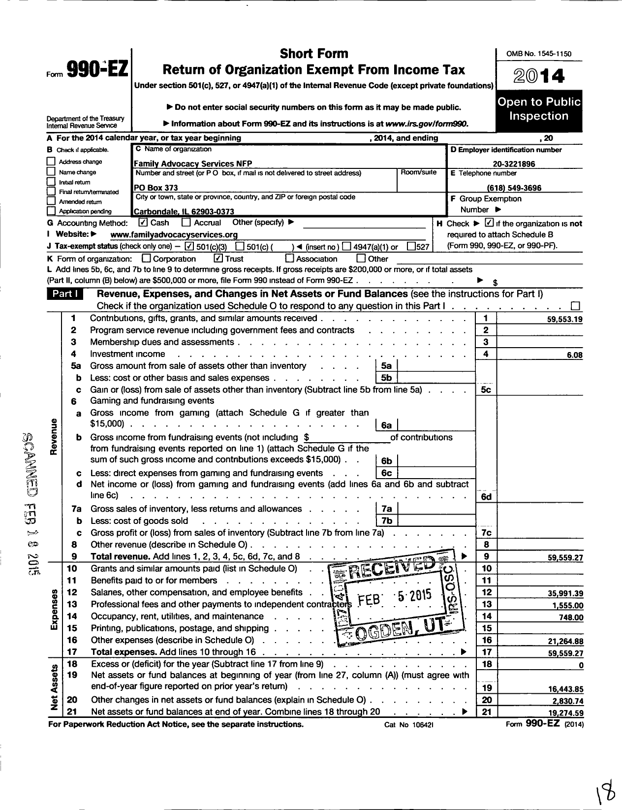 Image of first page of 2014 Form 990EZ for Family Advocacy Services NFP