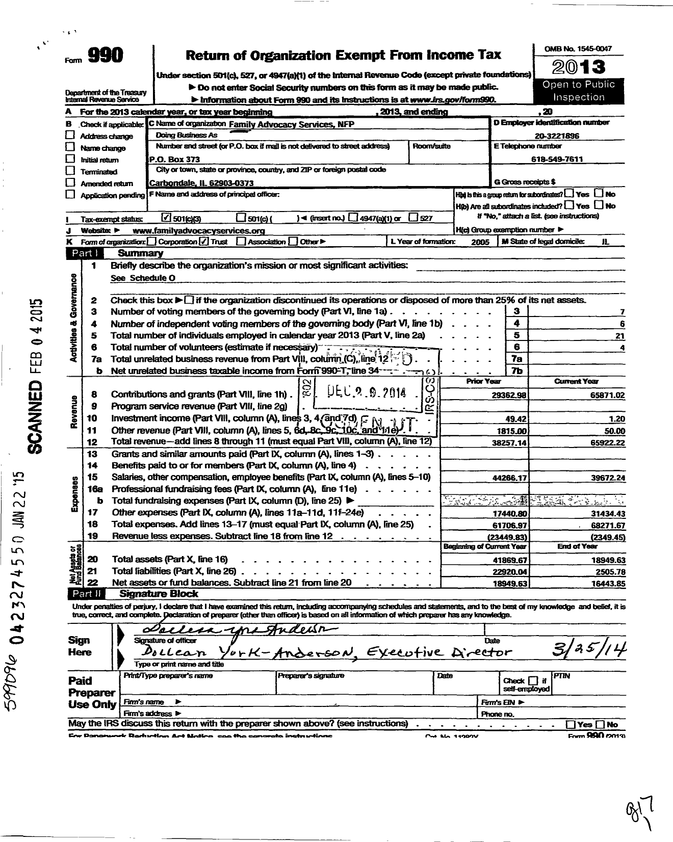 Image of first page of 2013 Form 990 for Family Advocacy Services NFP