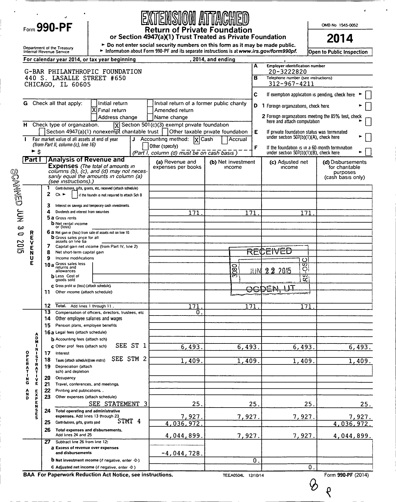 Image of first page of 2014 Form 990PF for G Bar Philanthropic Foundation