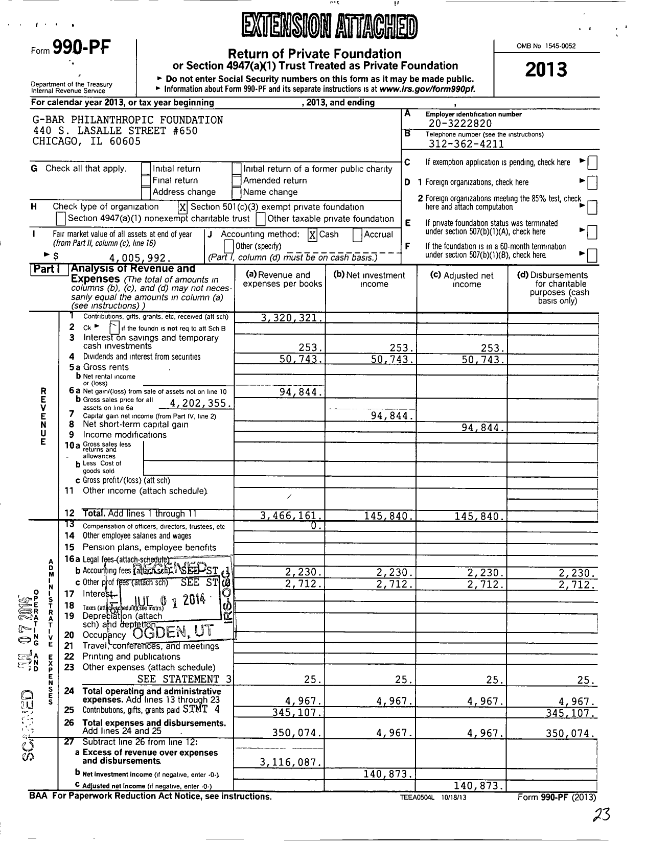 Image of first page of 2013 Form 990PF for G Bar Philanthropic Foundation