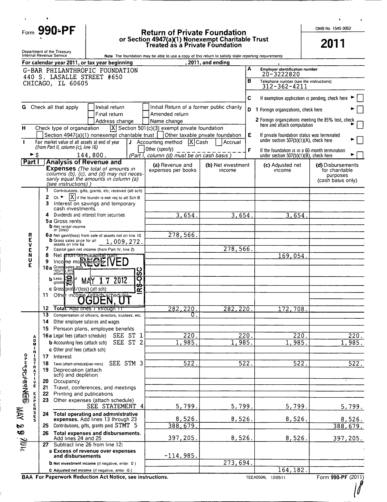 Image of first page of 2011 Form 990PF for G Bar Philanthropic Foundation