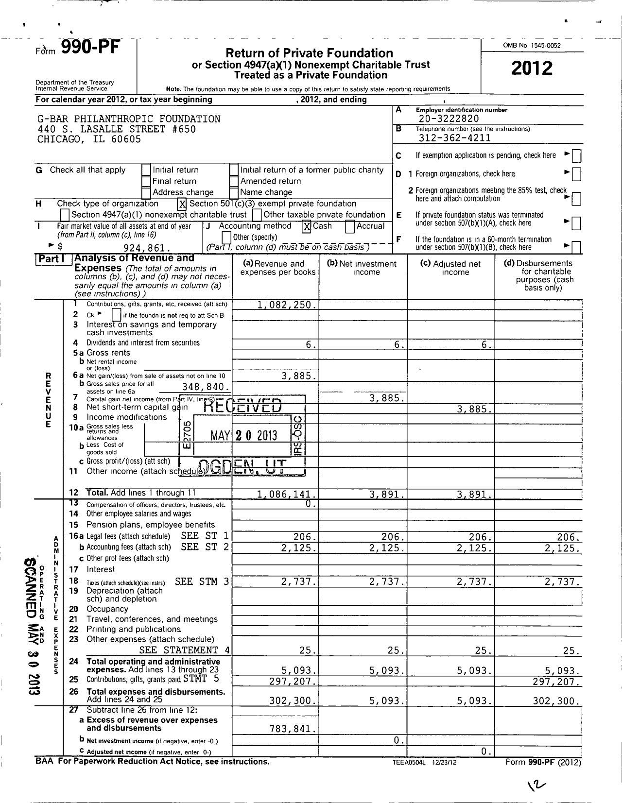 Image of first page of 2012 Form 990PF for G Bar Philanthropic Foundation