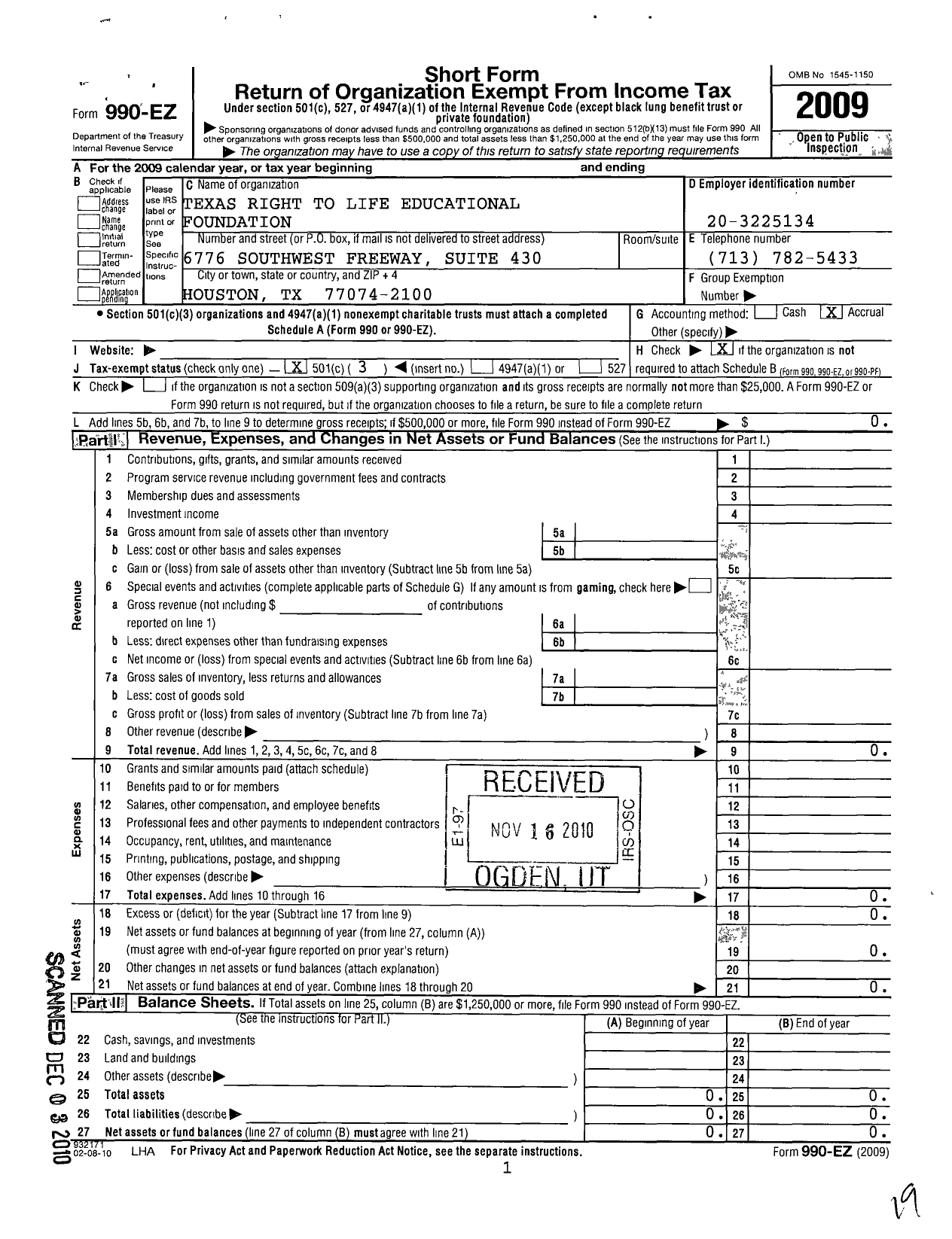 Image of first page of 2009 Form 990EZ for Texas Right To Life Educational Foundation