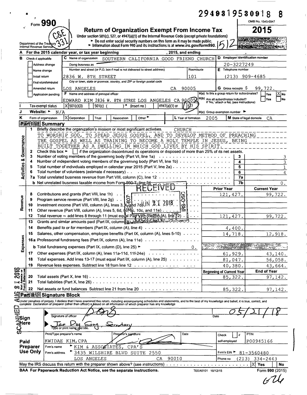 Image of first page of 2015 Form 990 for Southern California Good Friend Church