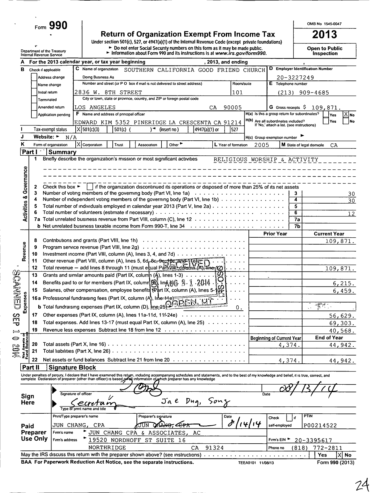 Image of first page of 2013 Form 990 for Southern California Good Friend Church