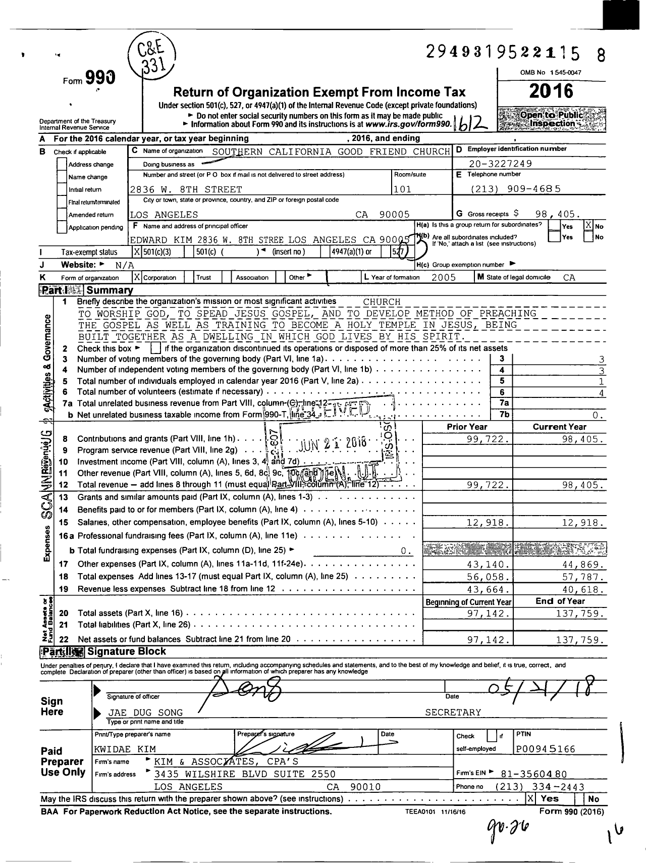 Image of first page of 2016 Form 990 for Southern California Good Friend Church