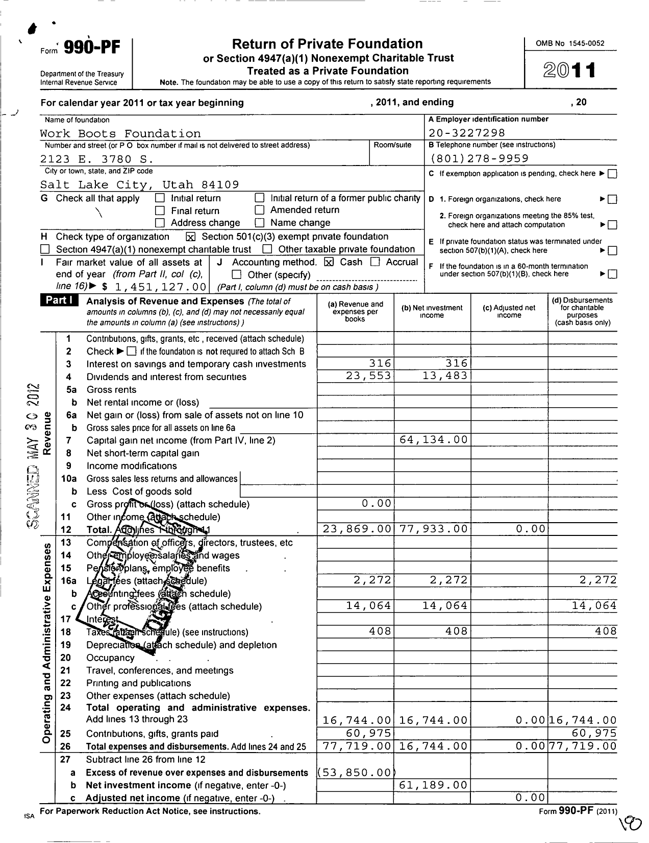 Image of first page of 2011 Form 990PF for Work Boots Foundation