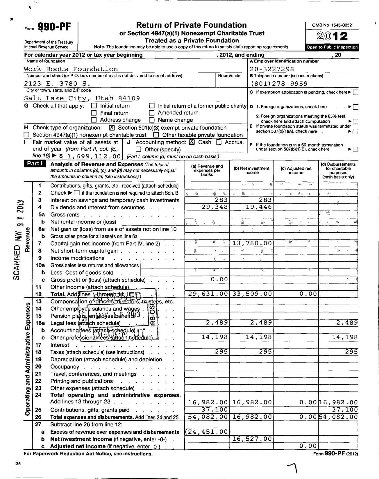 Image of first page of 2012 Form 990PF for Work Boots Foundation