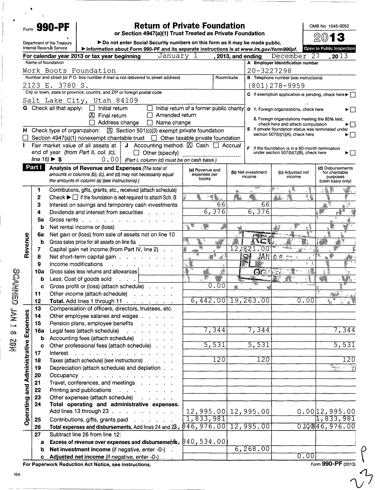 Image of first page of 2013 Form 990PF for Work Boots Foundation