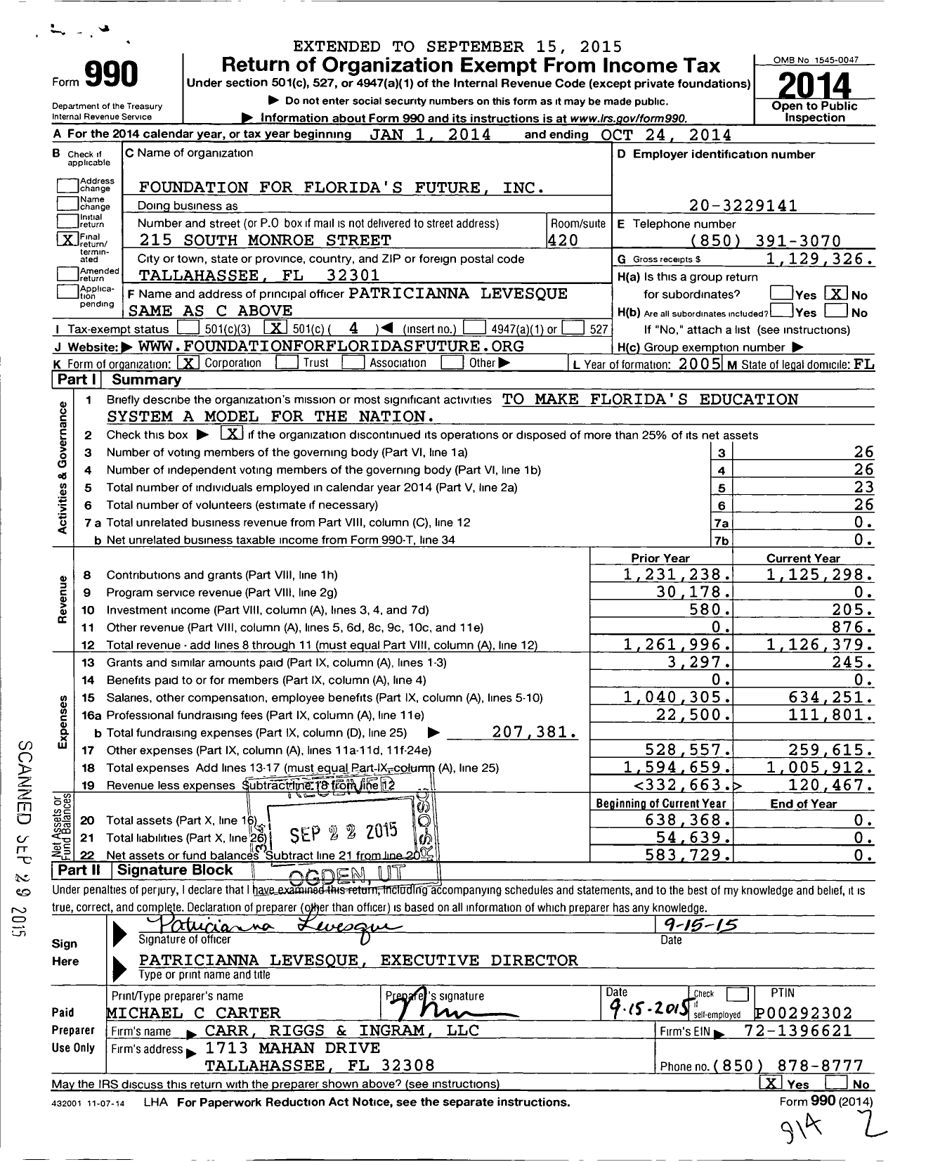 Image of first page of 2013 Form 990O for Foundation for Florida's Future