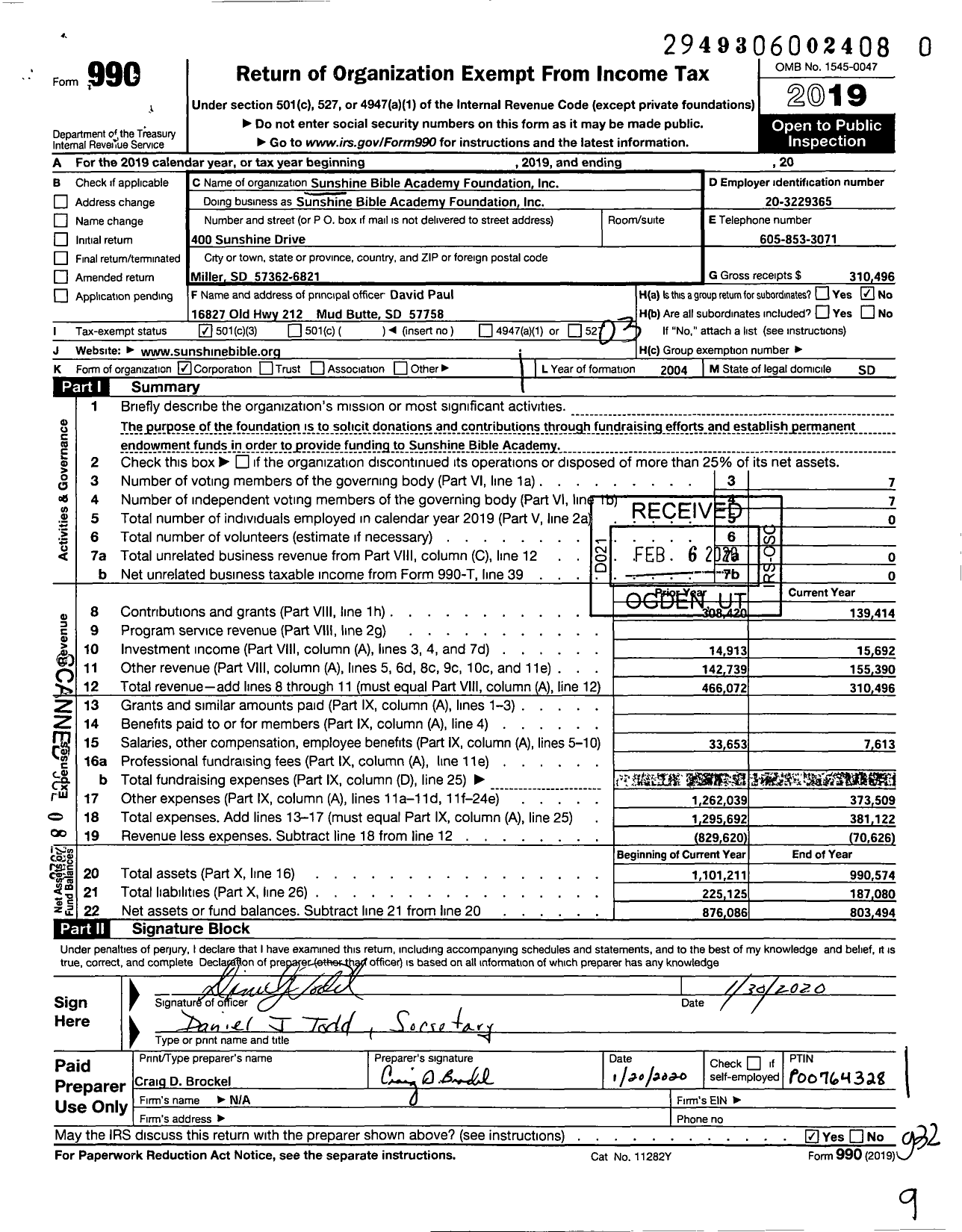 Image of first page of 2019 Form 990 for Sunshine Bible Academy Foundation