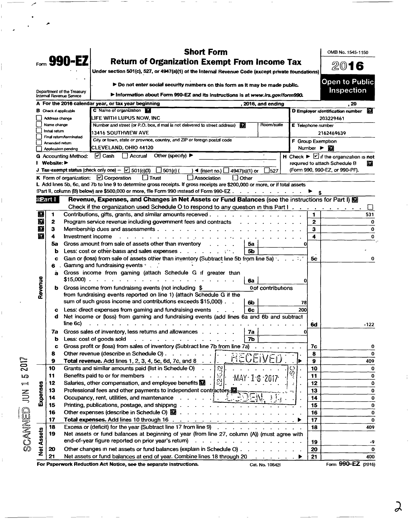 Image of first page of 2016 Form 990EZ for Life with Lupus Now Incorporated