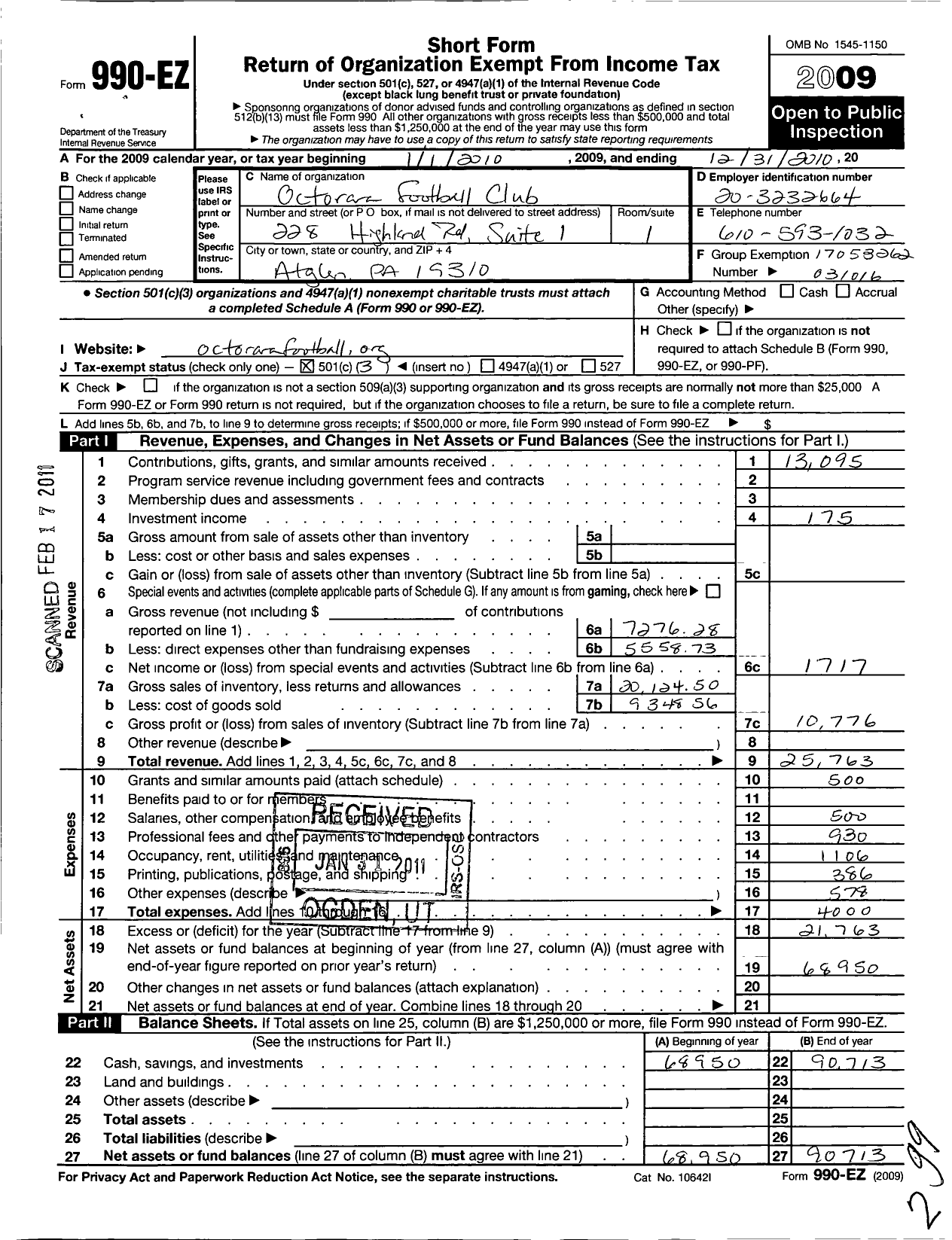 Image of first page of 2010 Form 990EZ for Octorara Football Club