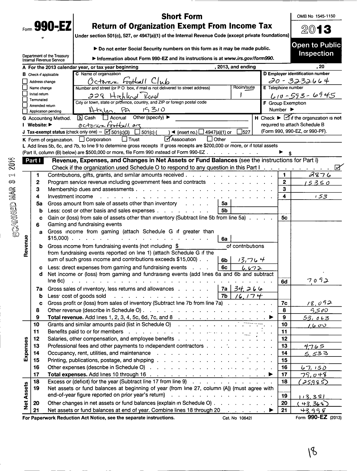 Image of first page of 2013 Form 990EZ for Octorara Football Club