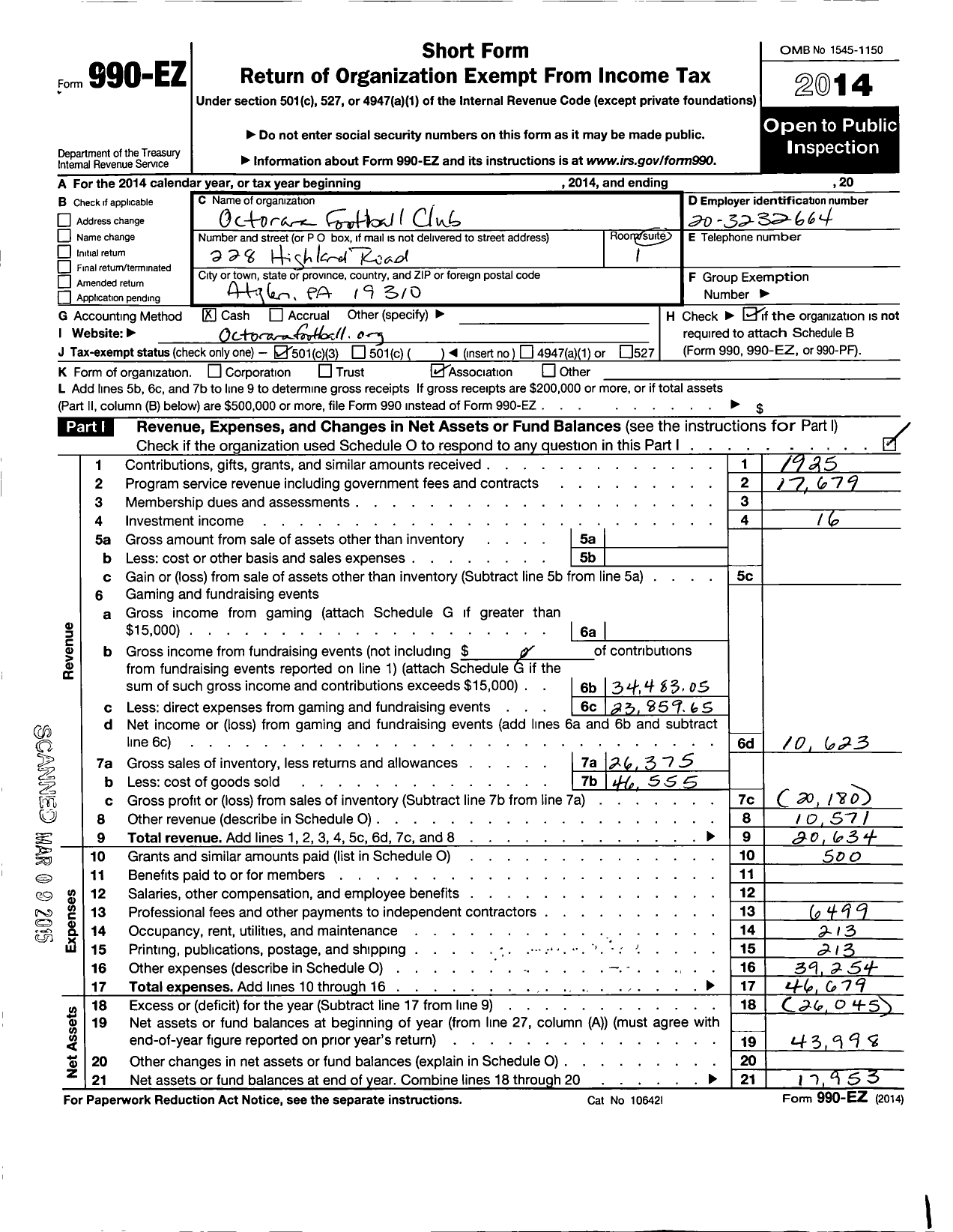 Image of first page of 2014 Form 990EZ for Octorara Football Club