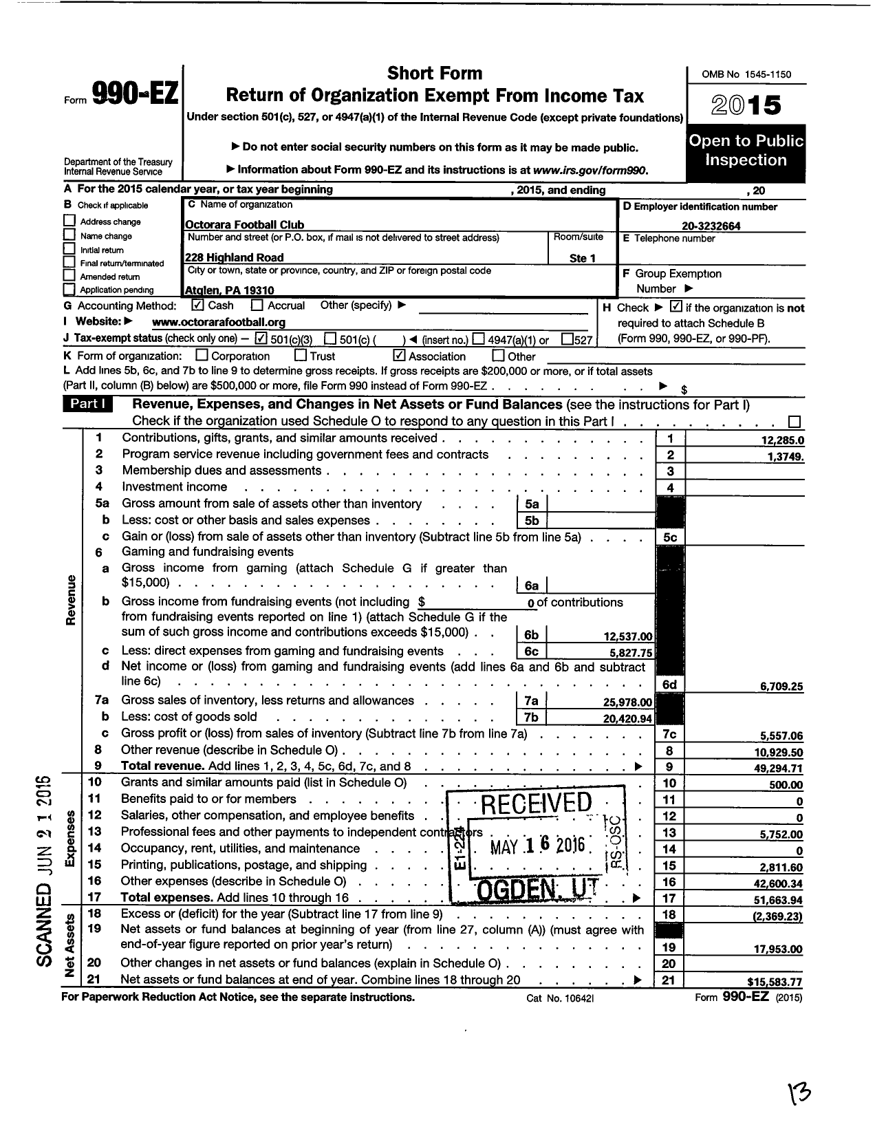 Image of first page of 2015 Form 990EZ for Octorara Football Club