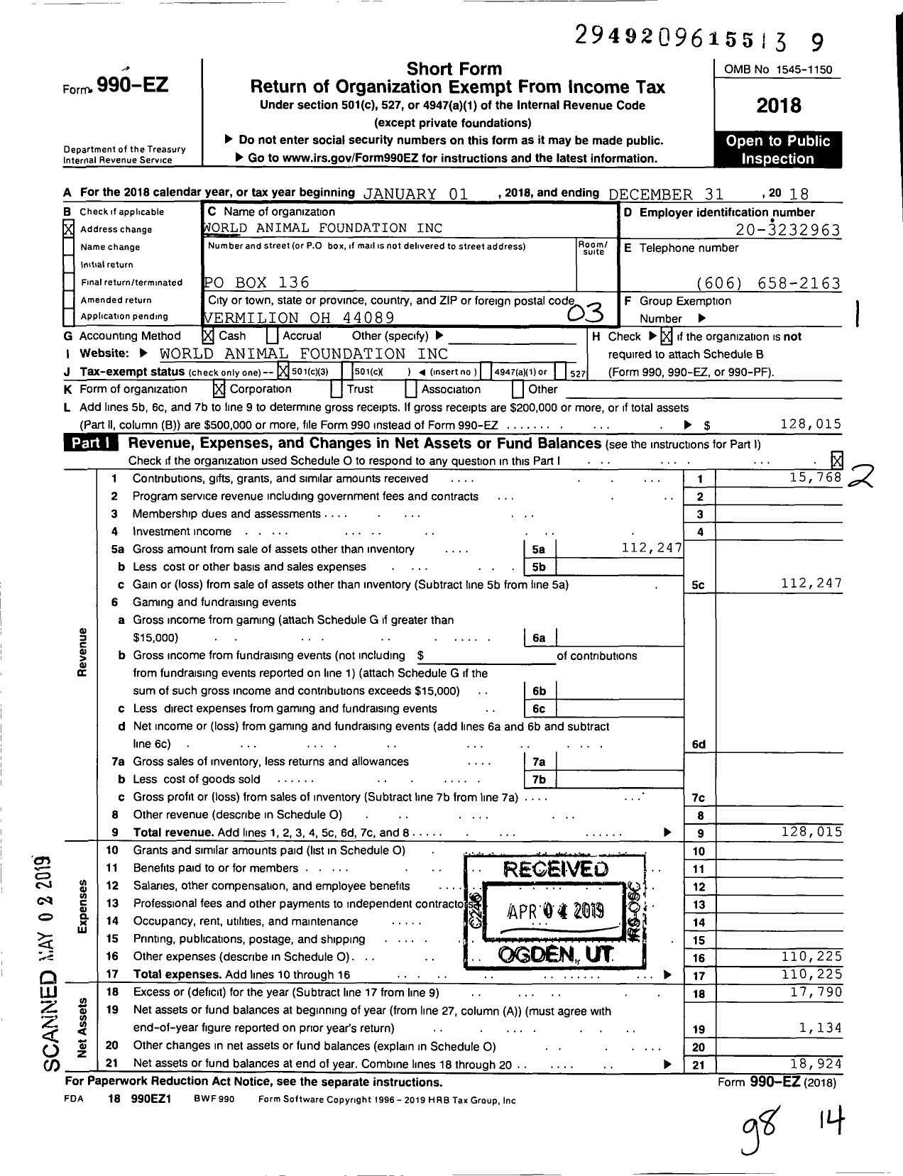 Image of first page of 2018 Form 990EZ for World Animal Foundation