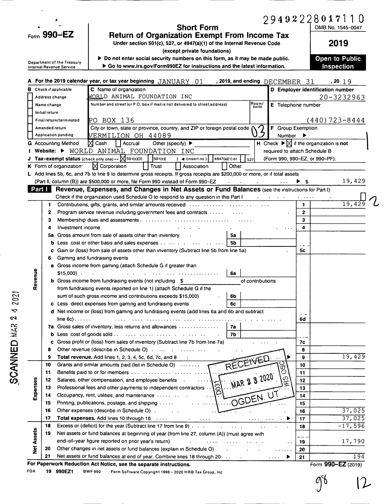 Image of first page of 2019 Form 990EZ for World Animal Foundation