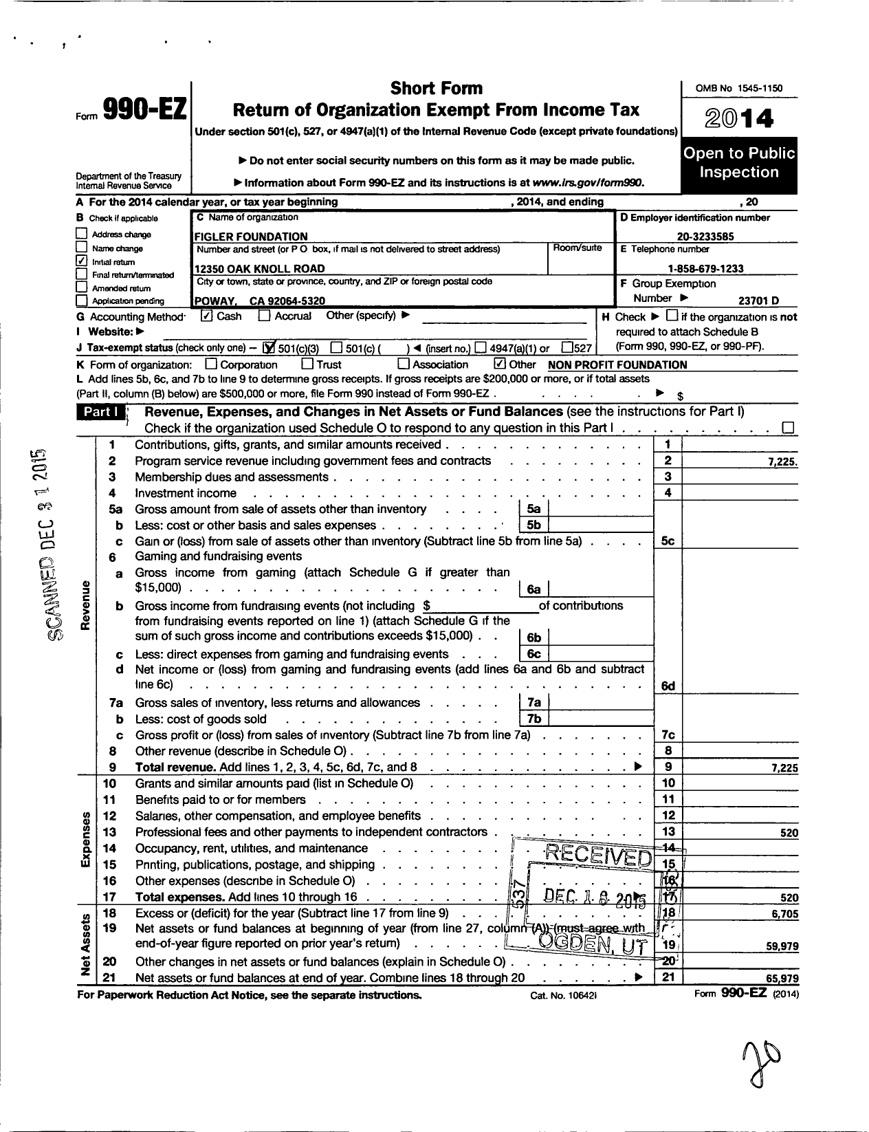 Image of first page of 2014 Form 990EZ for Figler Family Foundation