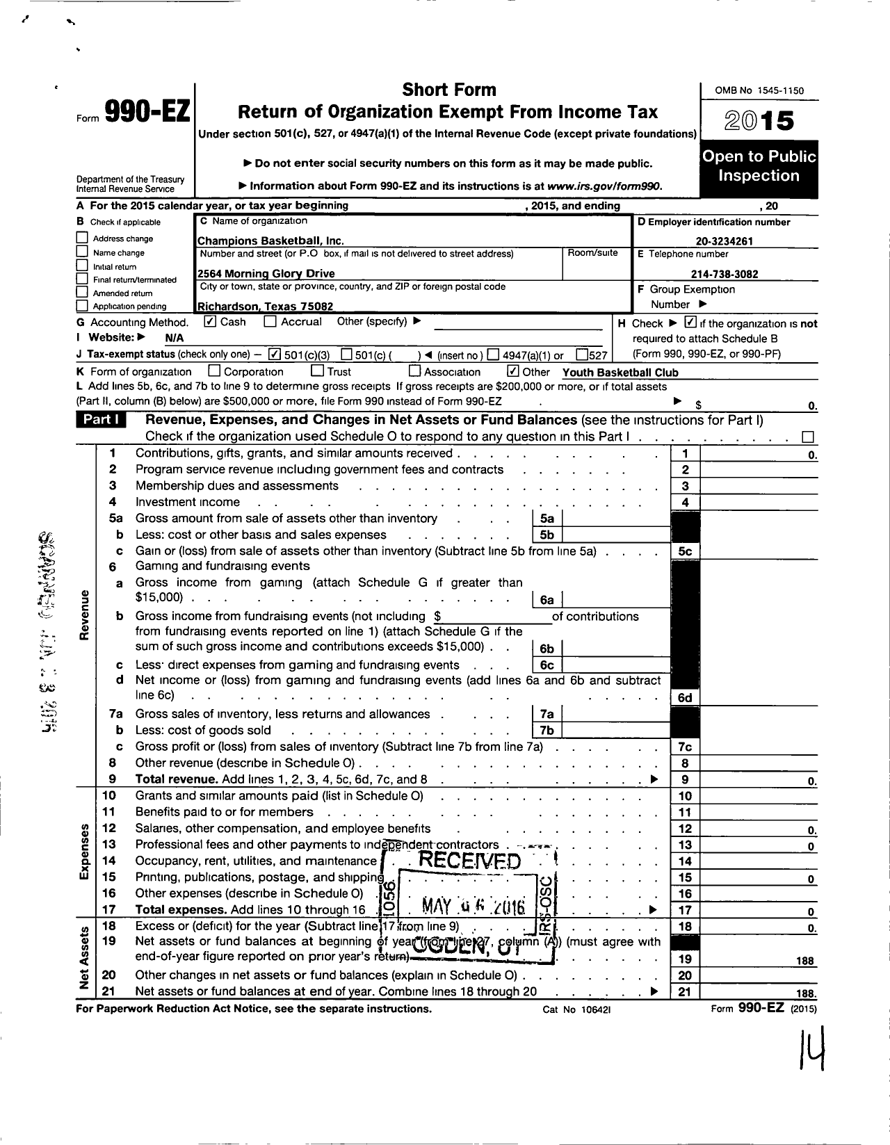 Image of first page of 2015 Form 990EZ for Champions Basketball