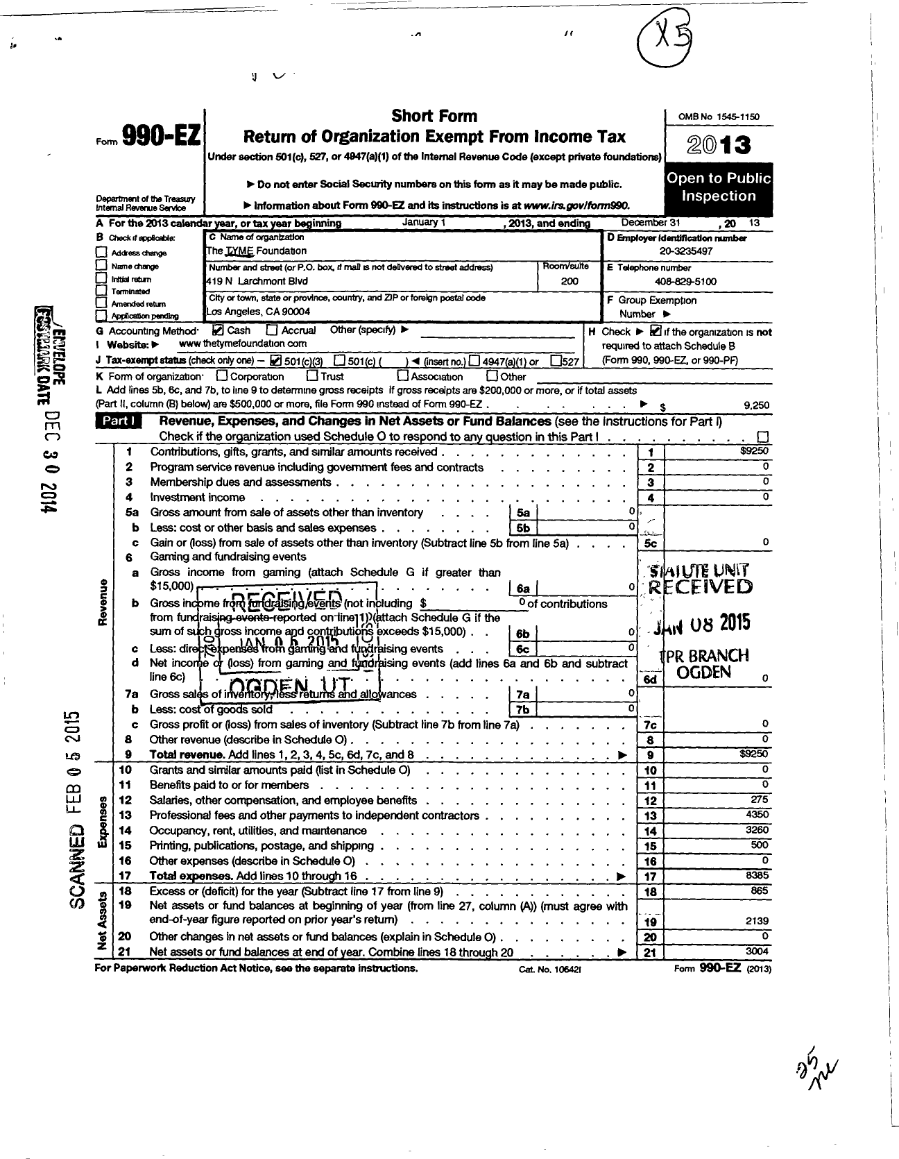 Image of first page of 2013 Form 990EZ for The TYME Foundation