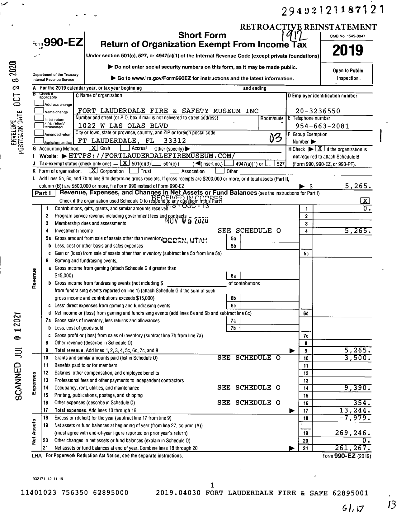 Image of first page of 2019 Form 990EZ for Fort Lauderdale Fire and Saftey Museum