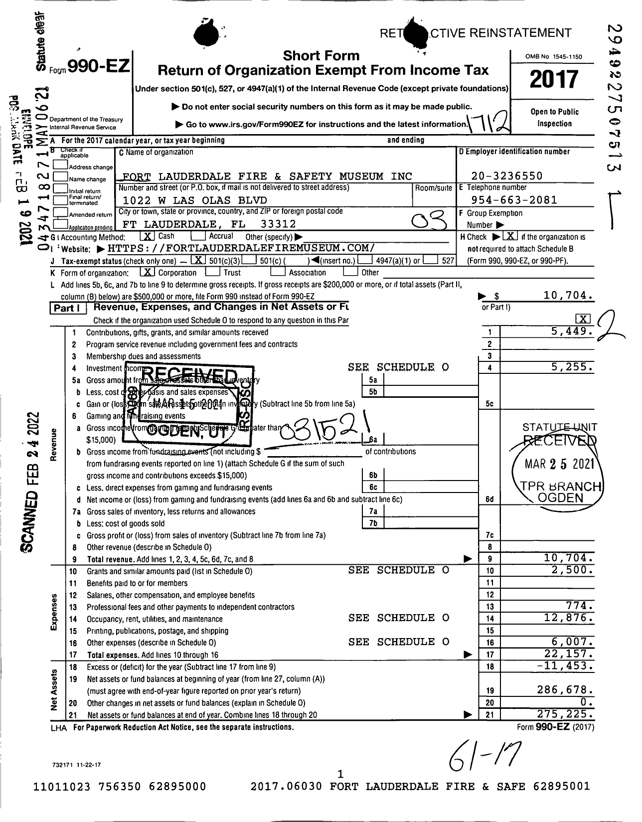 Image of first page of 2017 Form 990EZ for Fort Lauderdale Fire and Saftey Museum