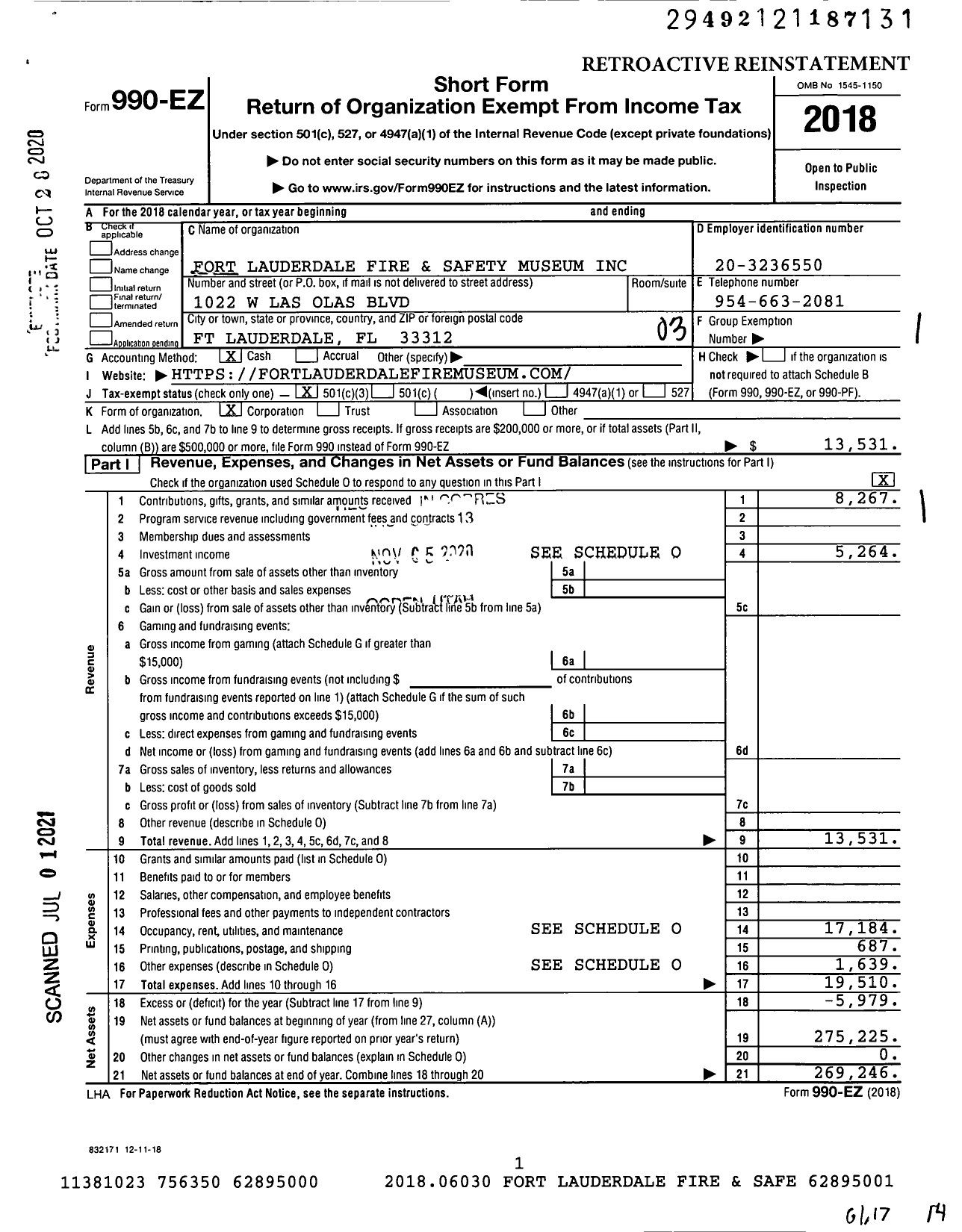 Image of first page of 2018 Form 990EZ for Fort Lauderdale Fire and Saftey Museum