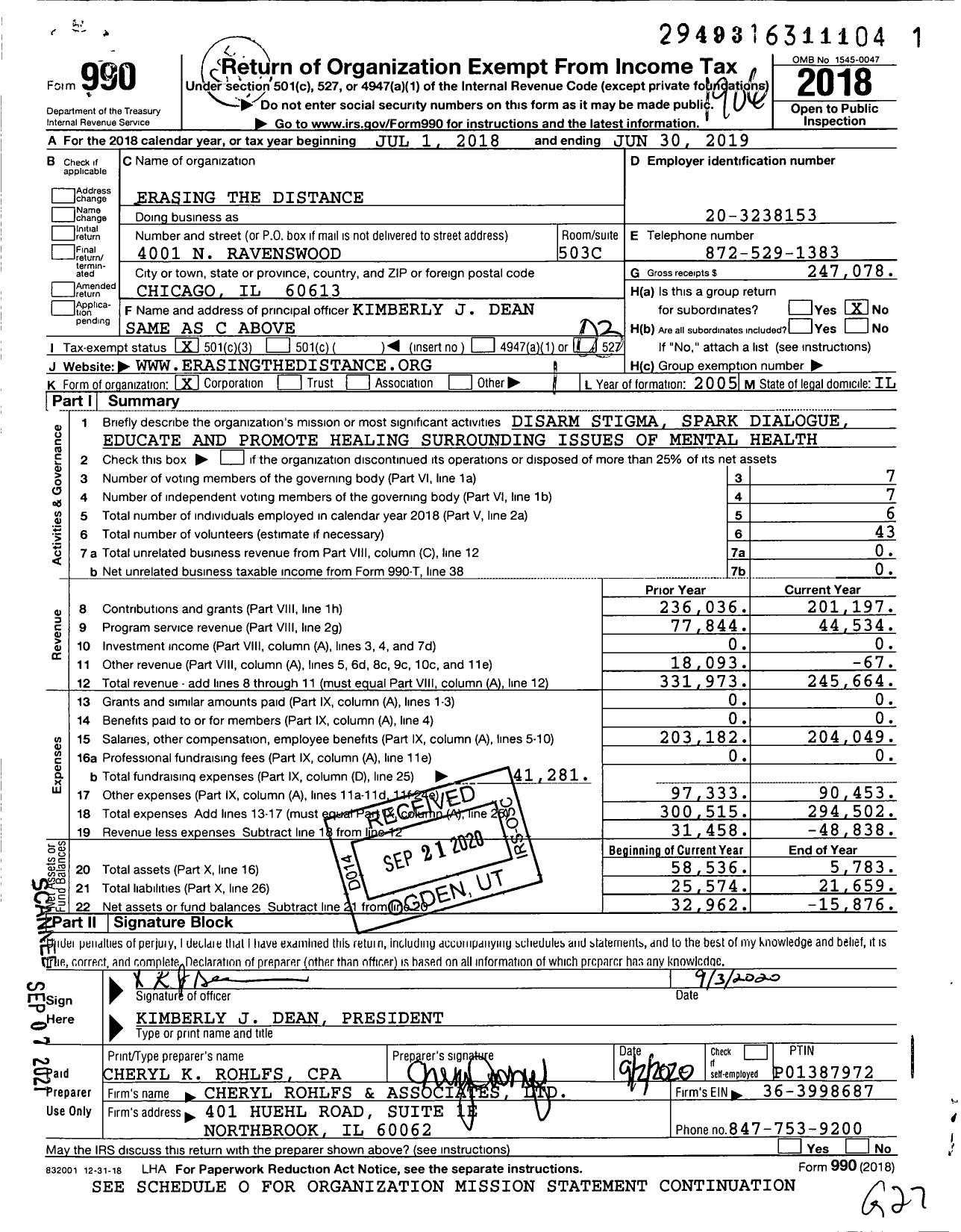 Image of first page of 2018 Form 990 for Erasing the Distance