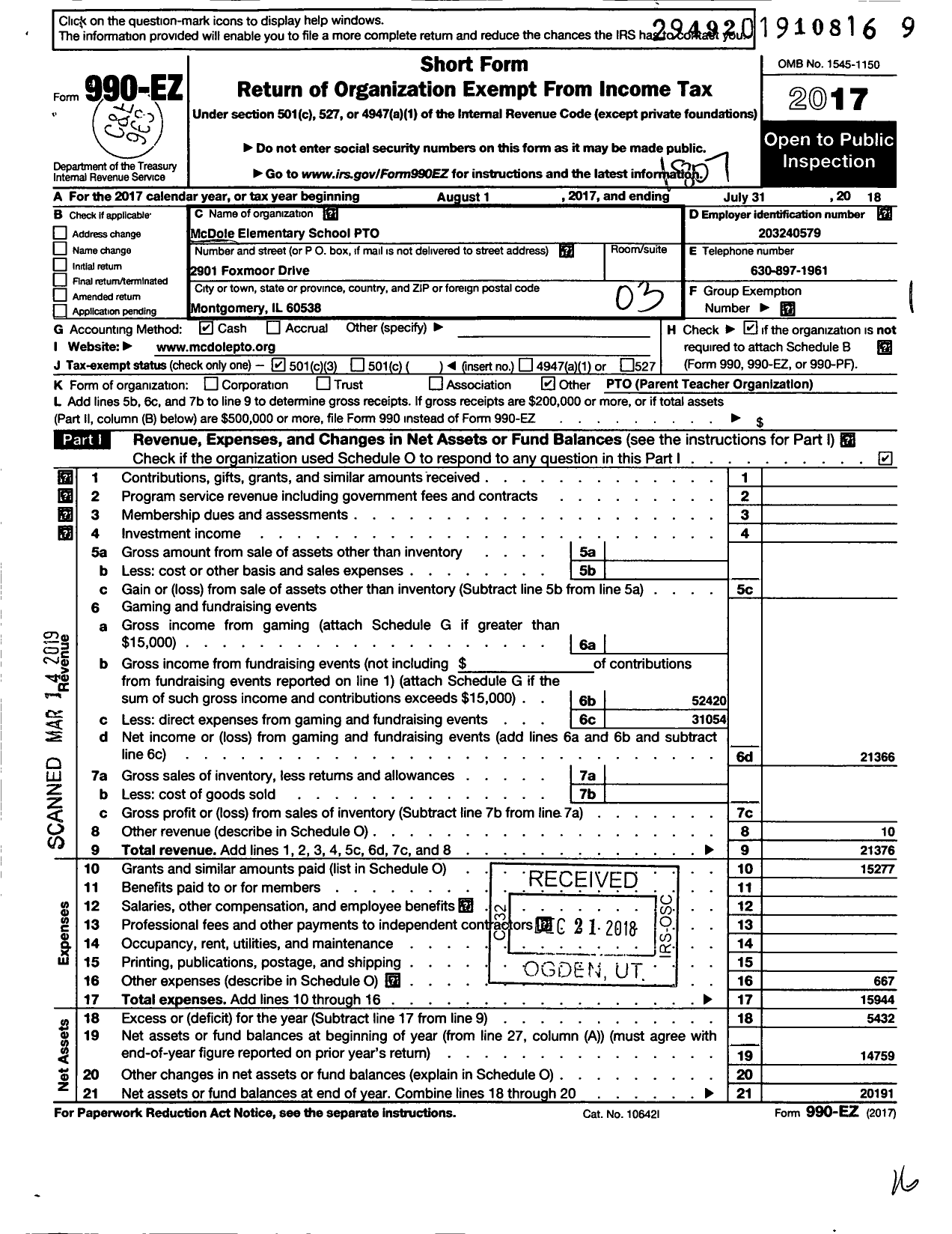 Image of first page of 2017 Form 990EZ for Mcdole Elementary School Pto