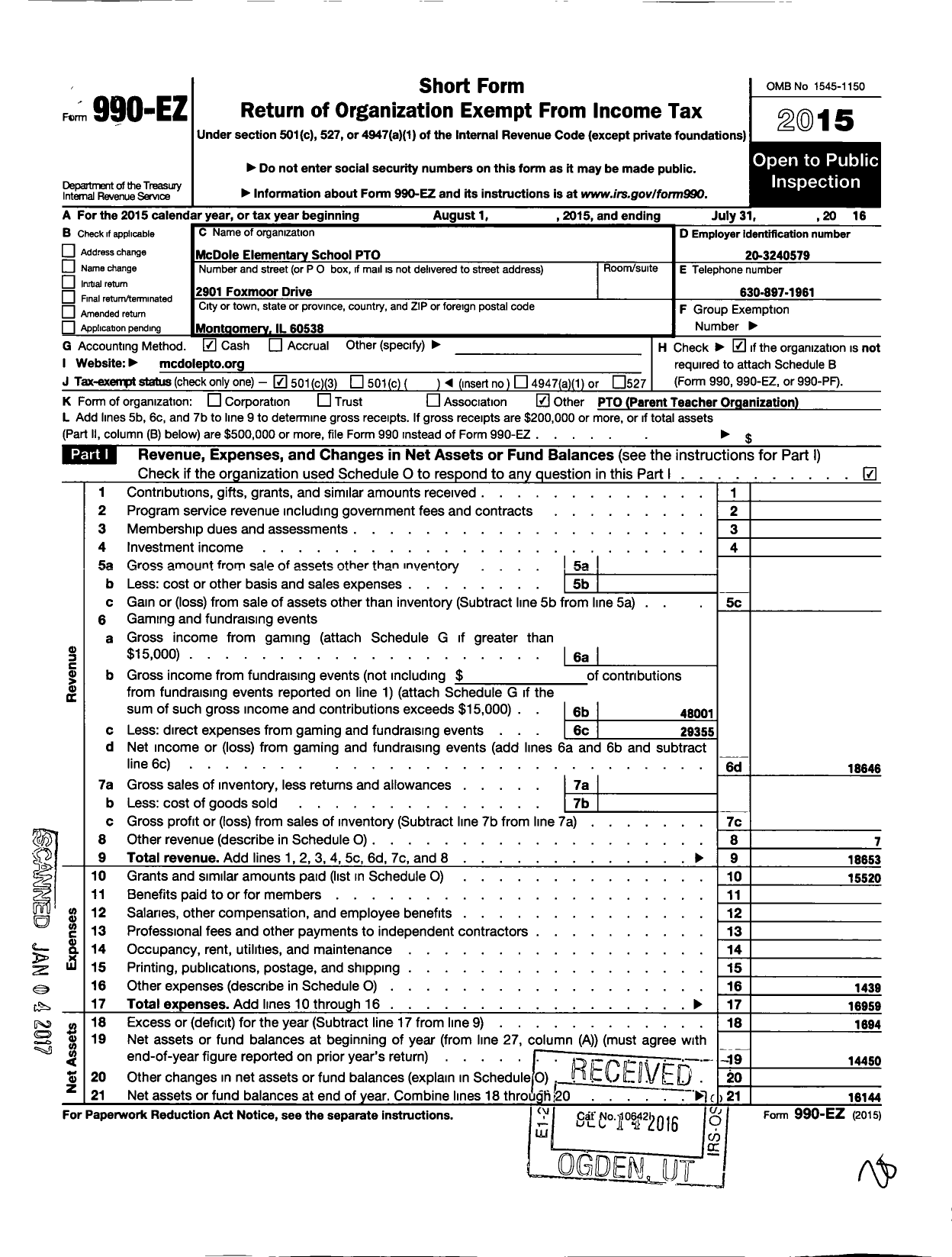 Image of first page of 2015 Form 990EZ for Mcdole Elementary School Pto