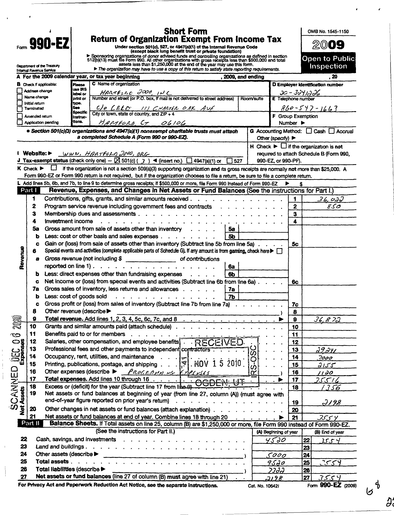 Image of first page of 2009 Form 990EZ for Hartford NEXT