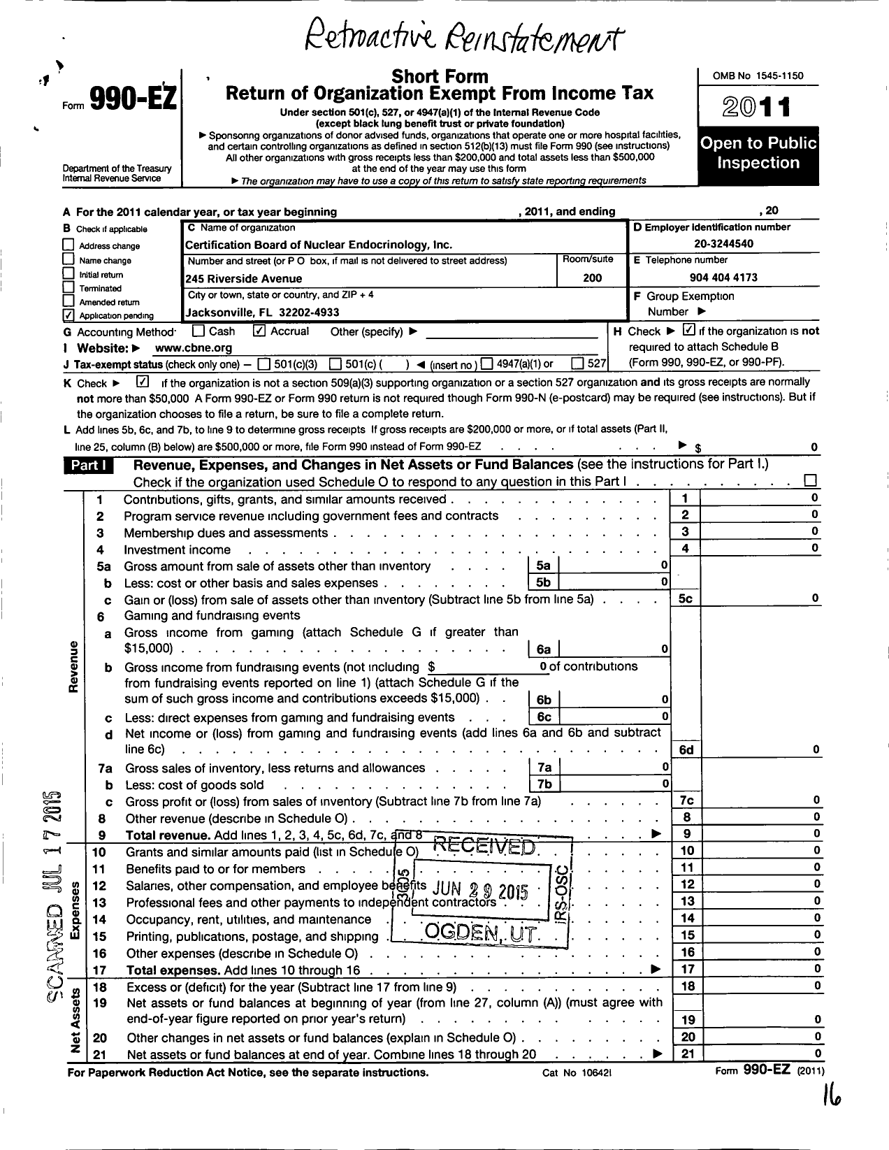 Image of first page of 2011 Form 990EO for Certification Board of Nuclear Endocrinology