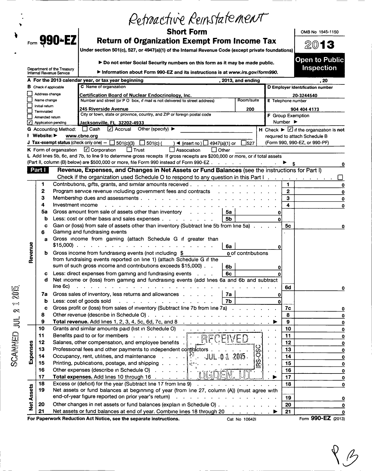 Image of first page of 2013 Form 990EO for Certification Board of Nuclear Endocrinology