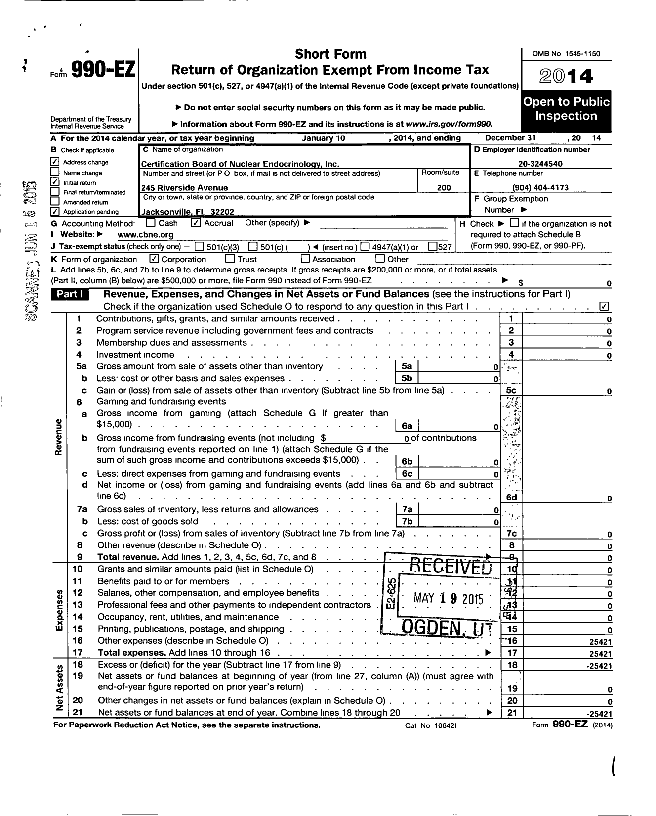 Image of first page of 2014 Form 990EO for Certification Board of Nuclear Endocrinology