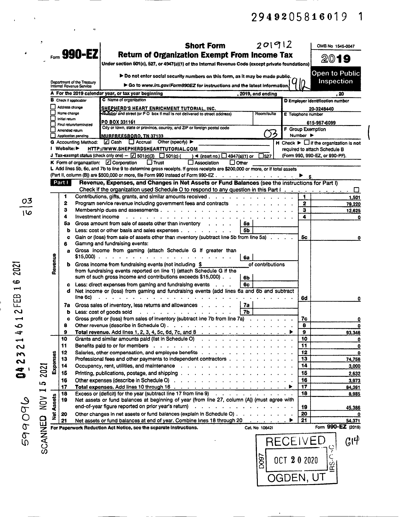 Image of first page of 2019 Form 990EZ for Shepherds Heart Enrichment Tutorial