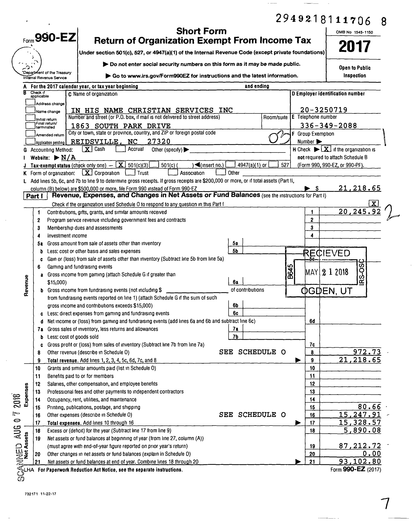 Image of first page of 2017 Form 990EZ for In His Name Christian Services