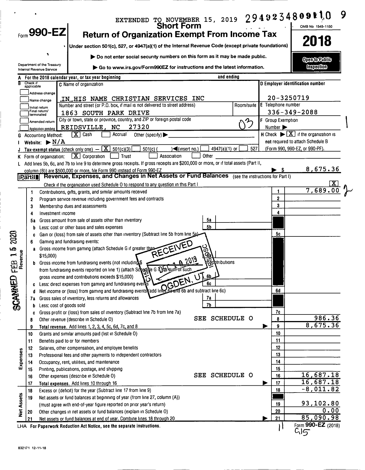 Image of first page of 2018 Form 990EZ for In His Name Christian Services