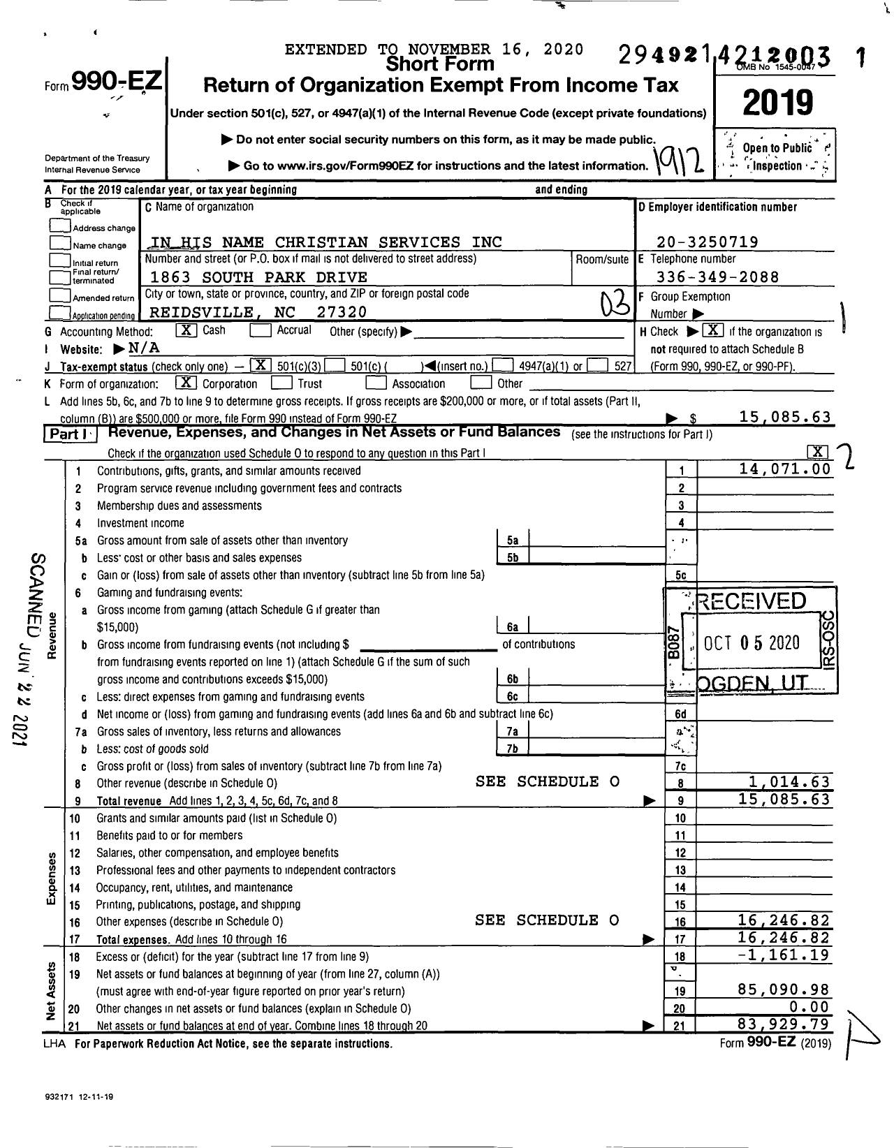 Image of first page of 2019 Form 990EZ for In His Name Christian Services