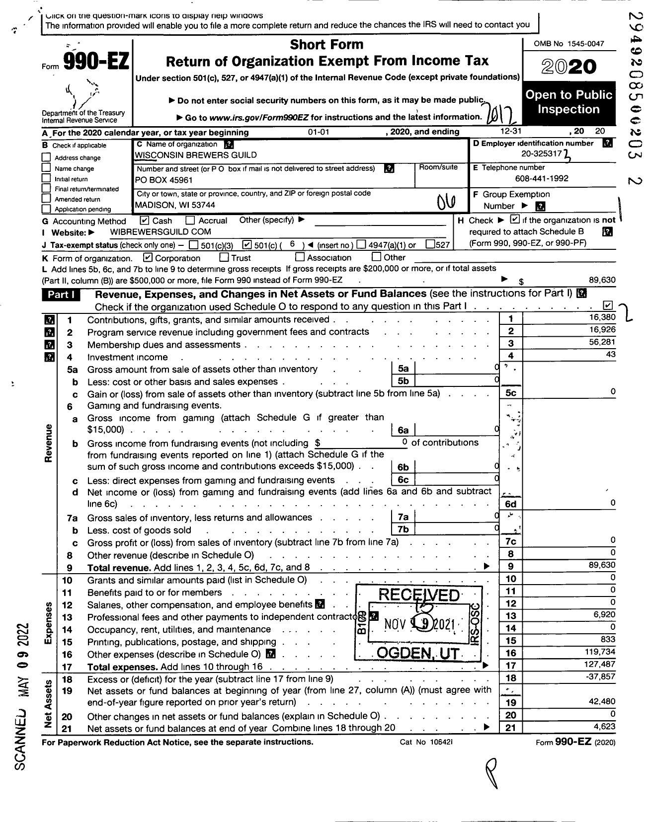 Image of first page of 2020 Form 990EO for Wisconsin Brewers Guild