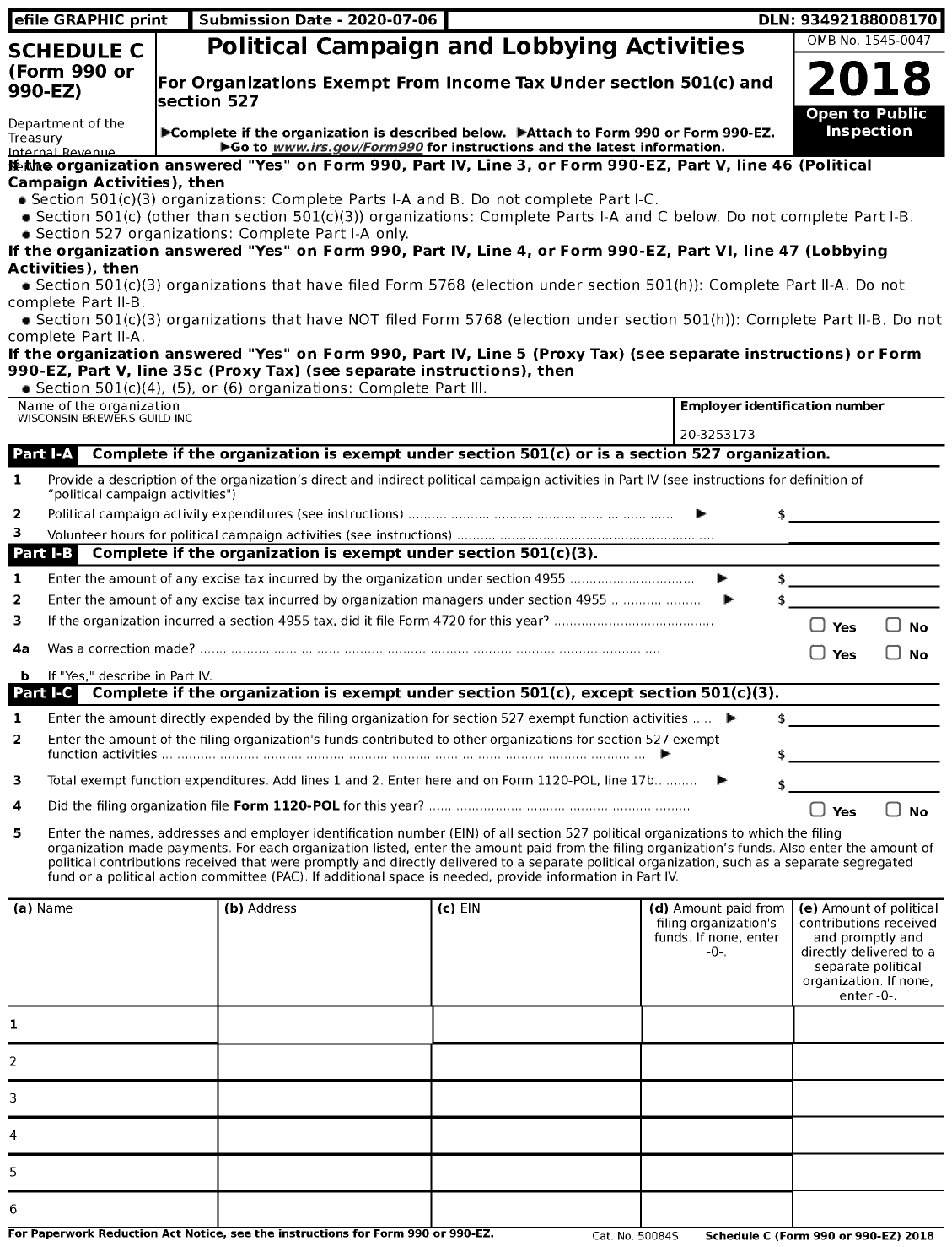 Image of first page of 2018 Form 990EZ for Wisconsin Brewers Guild