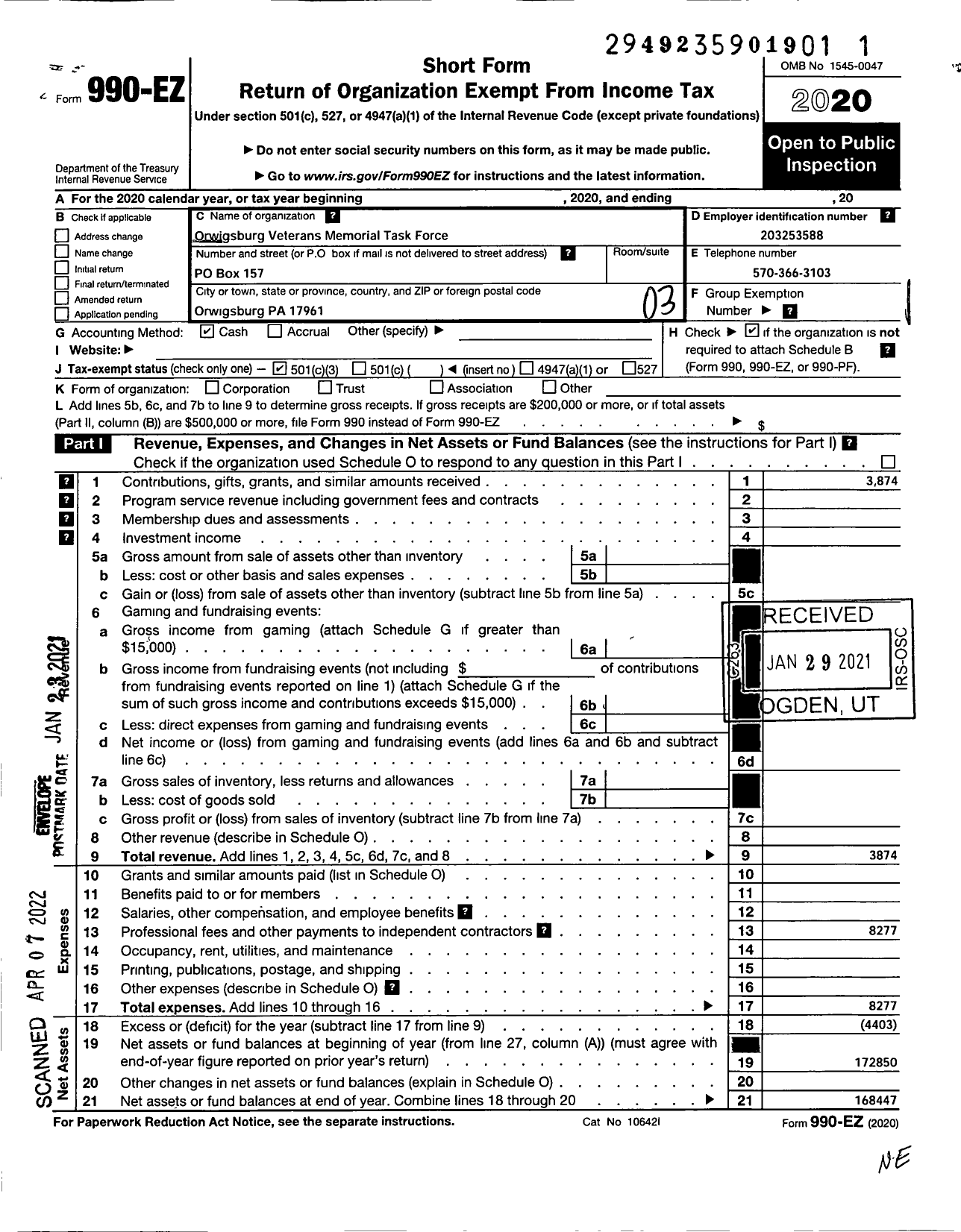 Image of first page of 2020 Form 990EZ for Orwigsburg Veterans Memorial Task Force